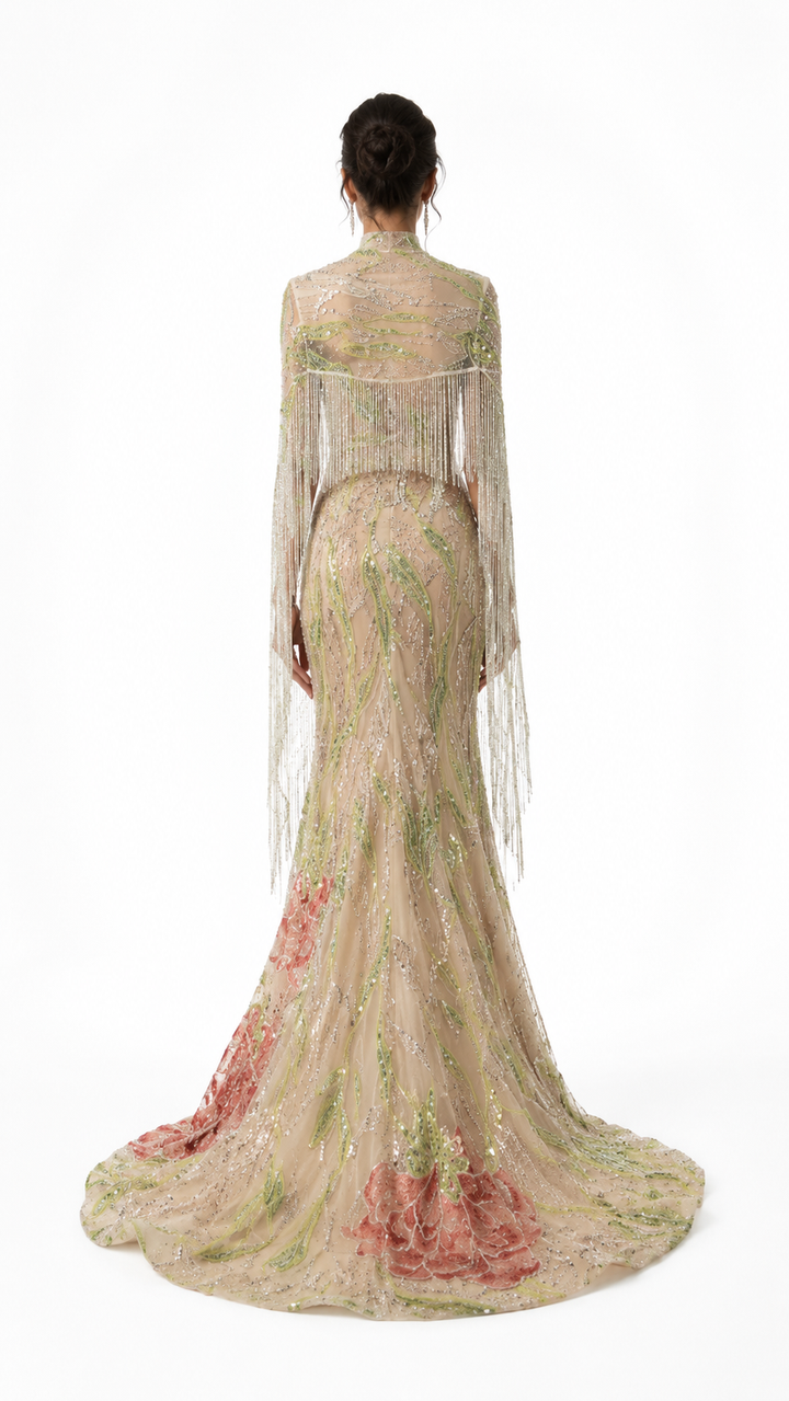 Champagne Floral Embellished Cape Evening Gown – FLORÉVA