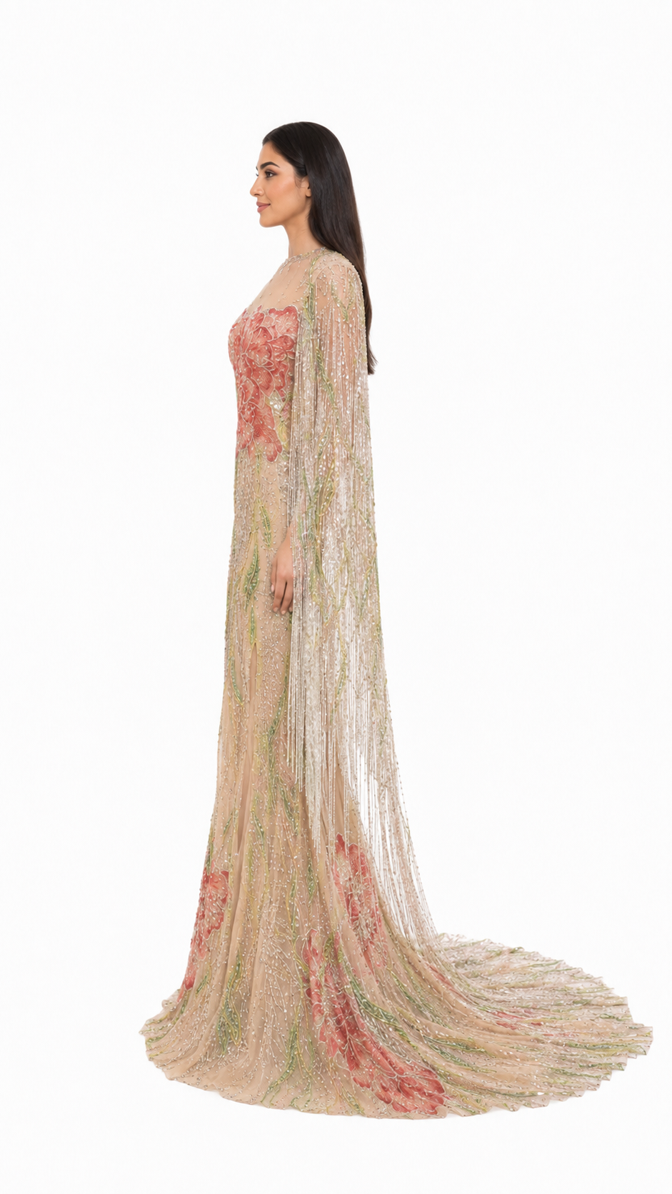 Champagne Floral Embellished Cape Evening Gown – FLORÉVA