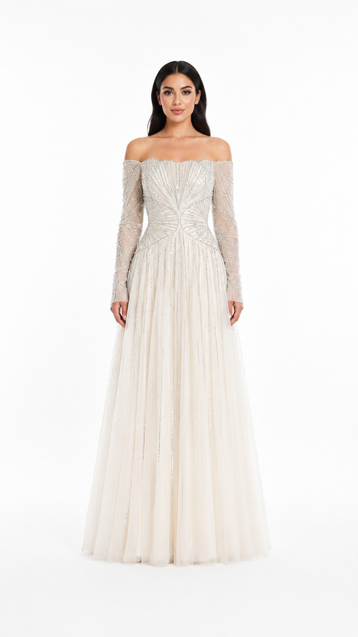Ivory Crystal Embellished Off-Shoulder Evening Gown – SELÉNE
