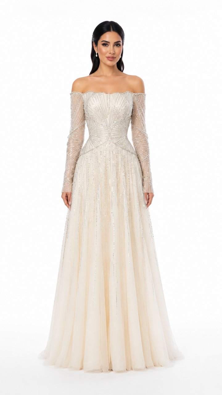 Ivory Crystal Embellished Off-Shoulder Evening Gown – SELÉNE