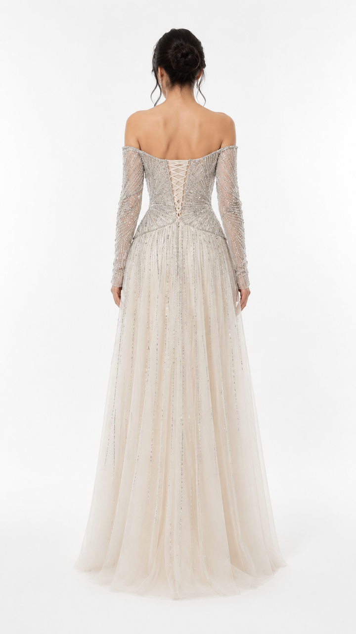 Ivory Crystal Embellished Off-Shoulder Evening Gown – SELÉNE