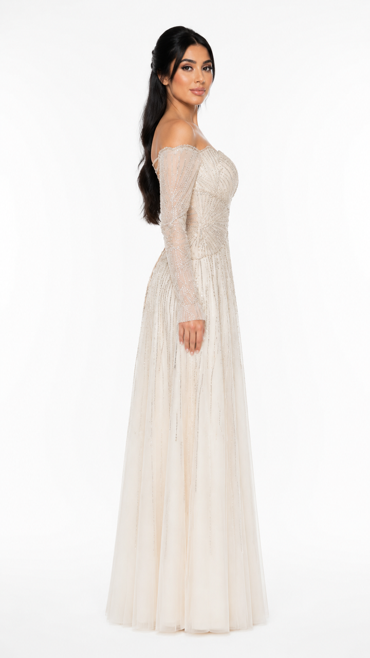 Ivory Crystal Embellished Off-Shoulder Evening Gown – SELÉNE