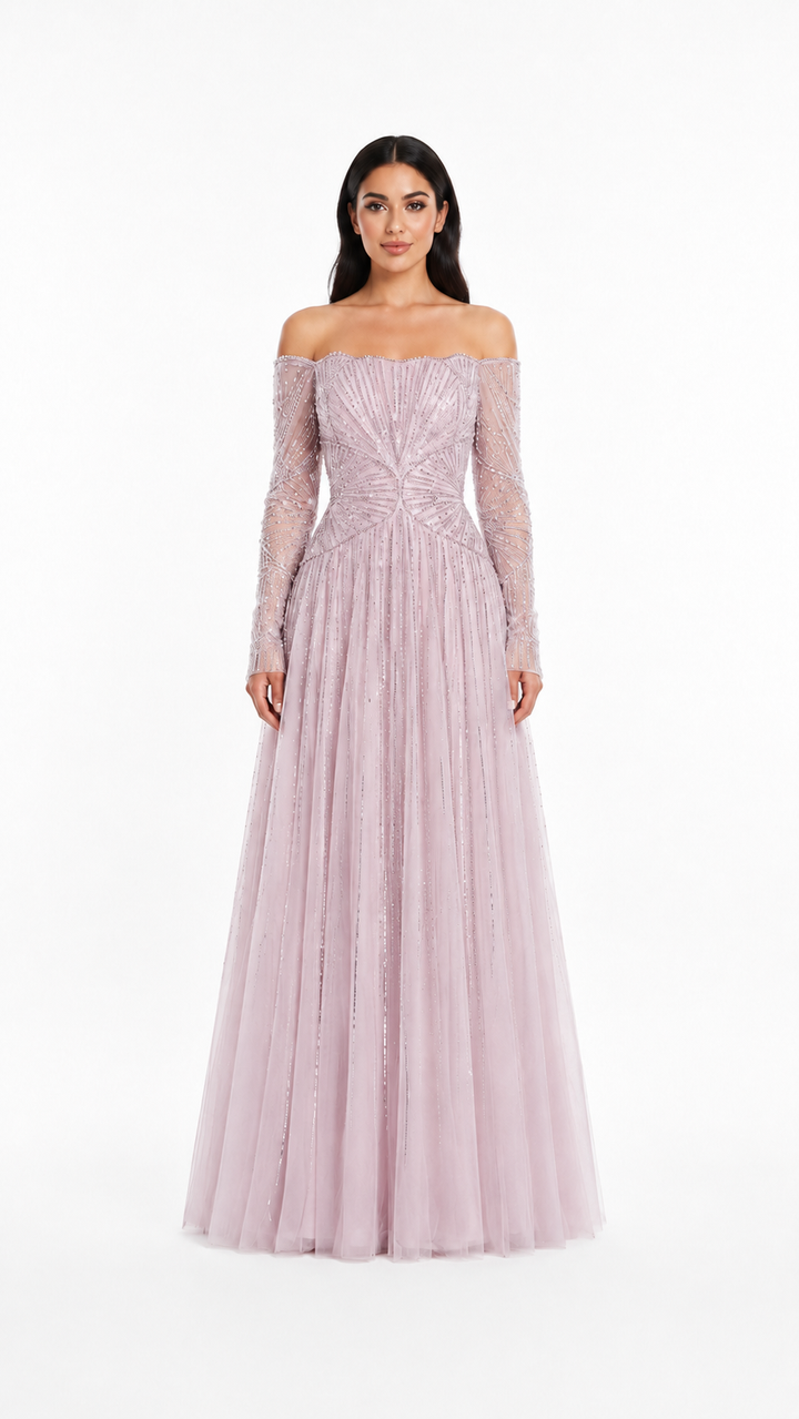 Ivory Crystal Embellished Off-Shoulder Evening Gown – SELÉNE