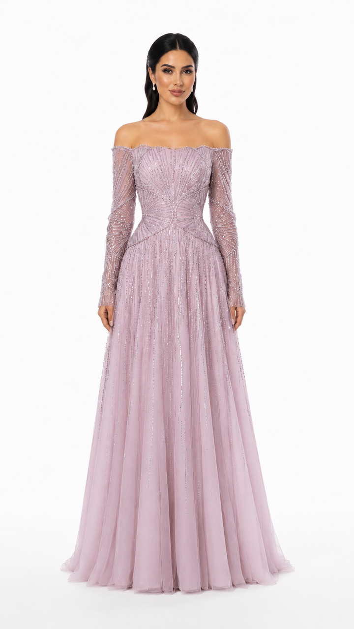 Ivory Crystal Embellished Off-Shoulder Evening Gown – SELÉNE