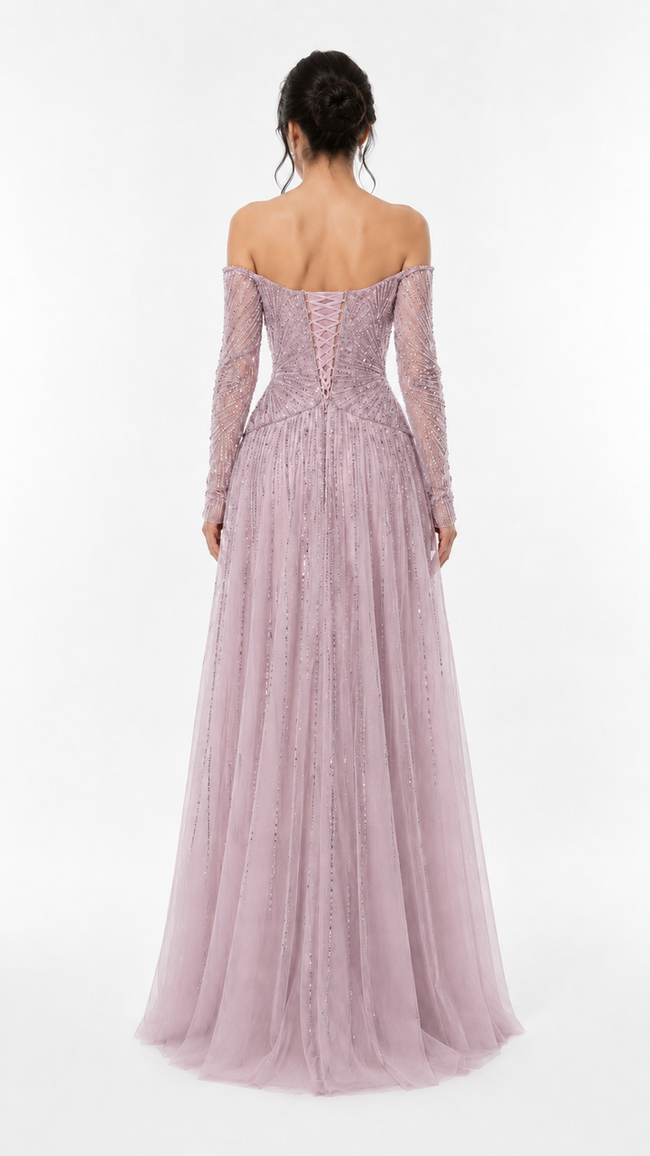 Ivory Crystal Embellished Off-Shoulder Evening Gown – SELÉNE