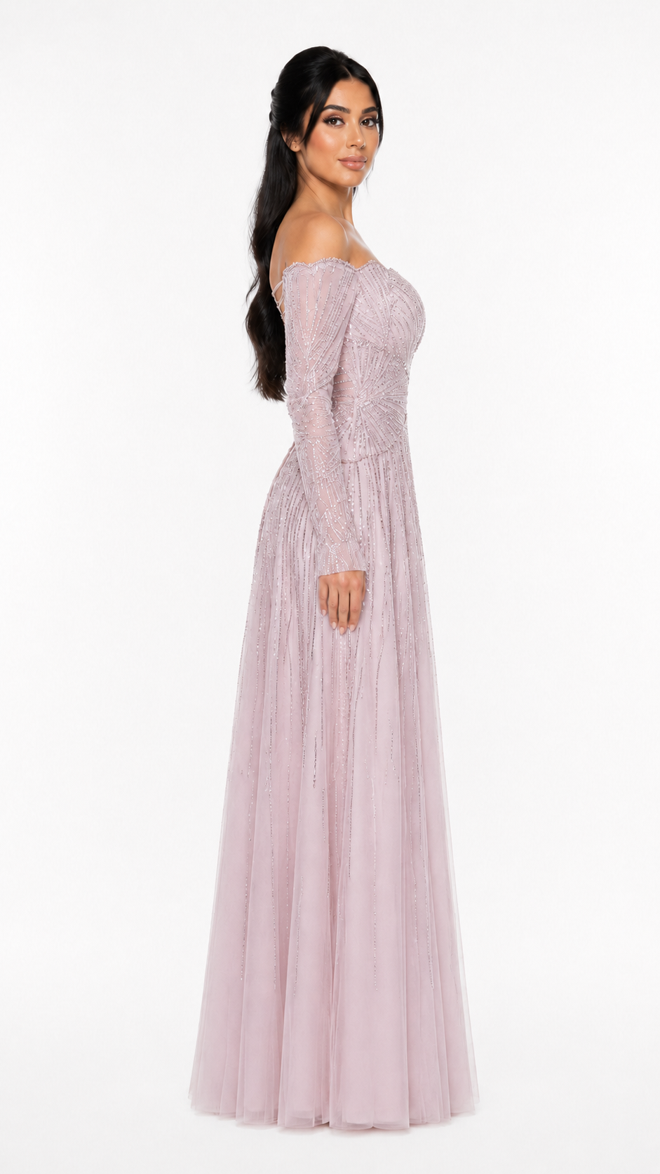 Ivory Crystal Embellished Off-Shoulder Evening Gown – SELÉNE