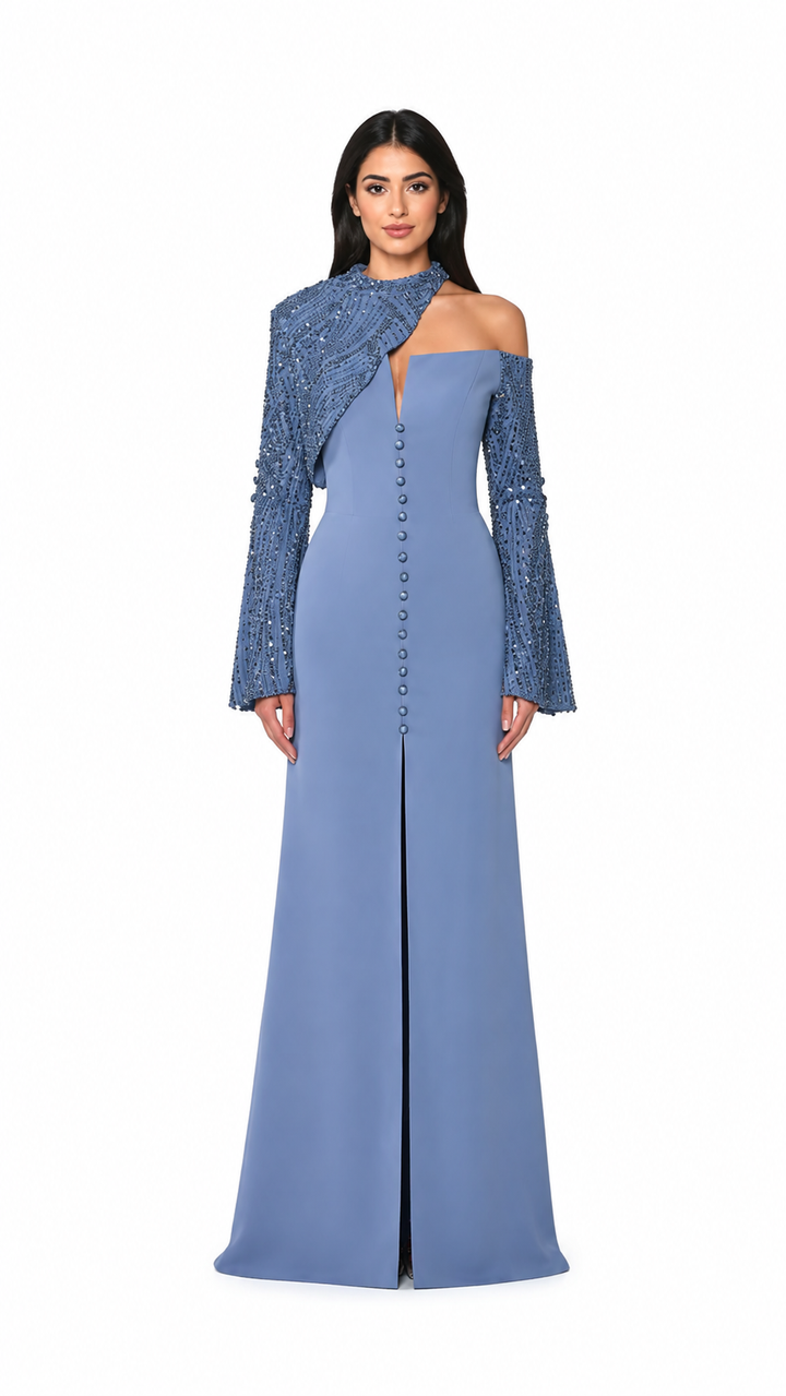 Dusty Blue Embellished Asymmetric Evening Gown – VIRELLE
