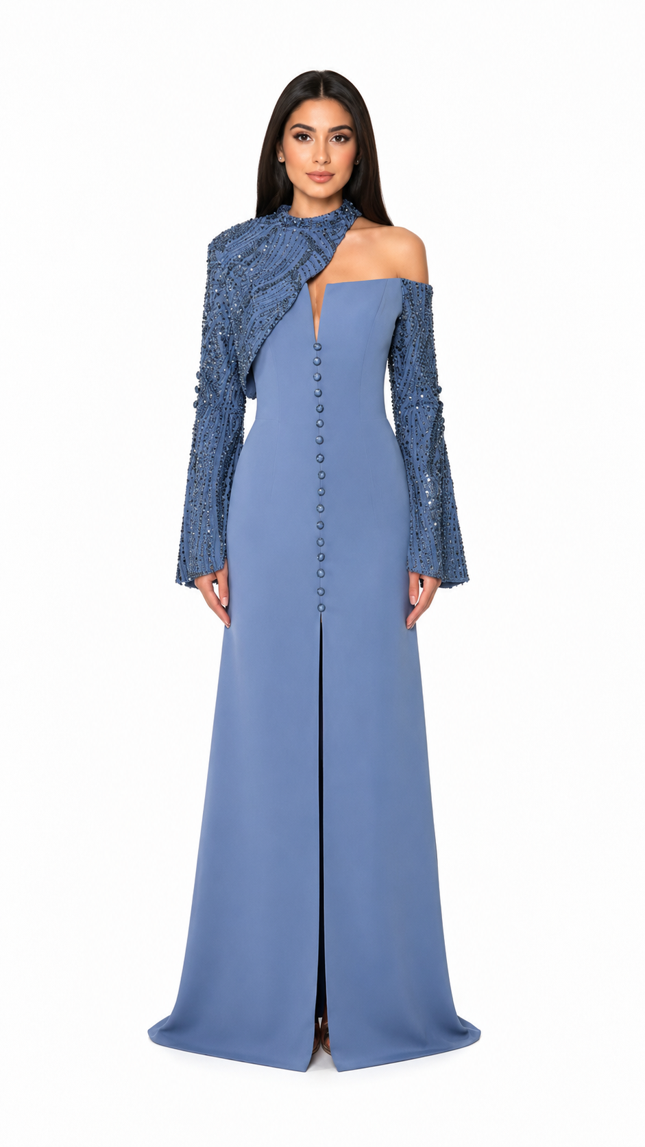 Dusty Blue Embellished Asymmetric Evening Gown – VIRELLE