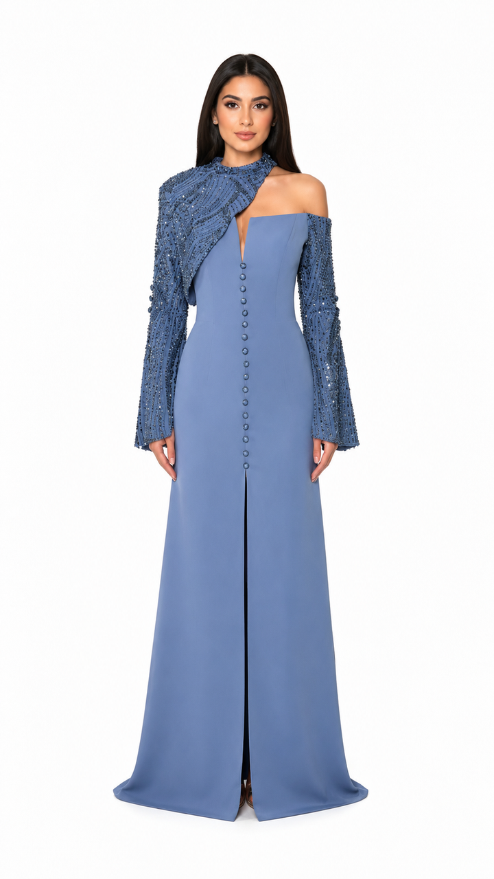 Dusty Blue Embellished Asymmetric Evening Gown – VIRELLE