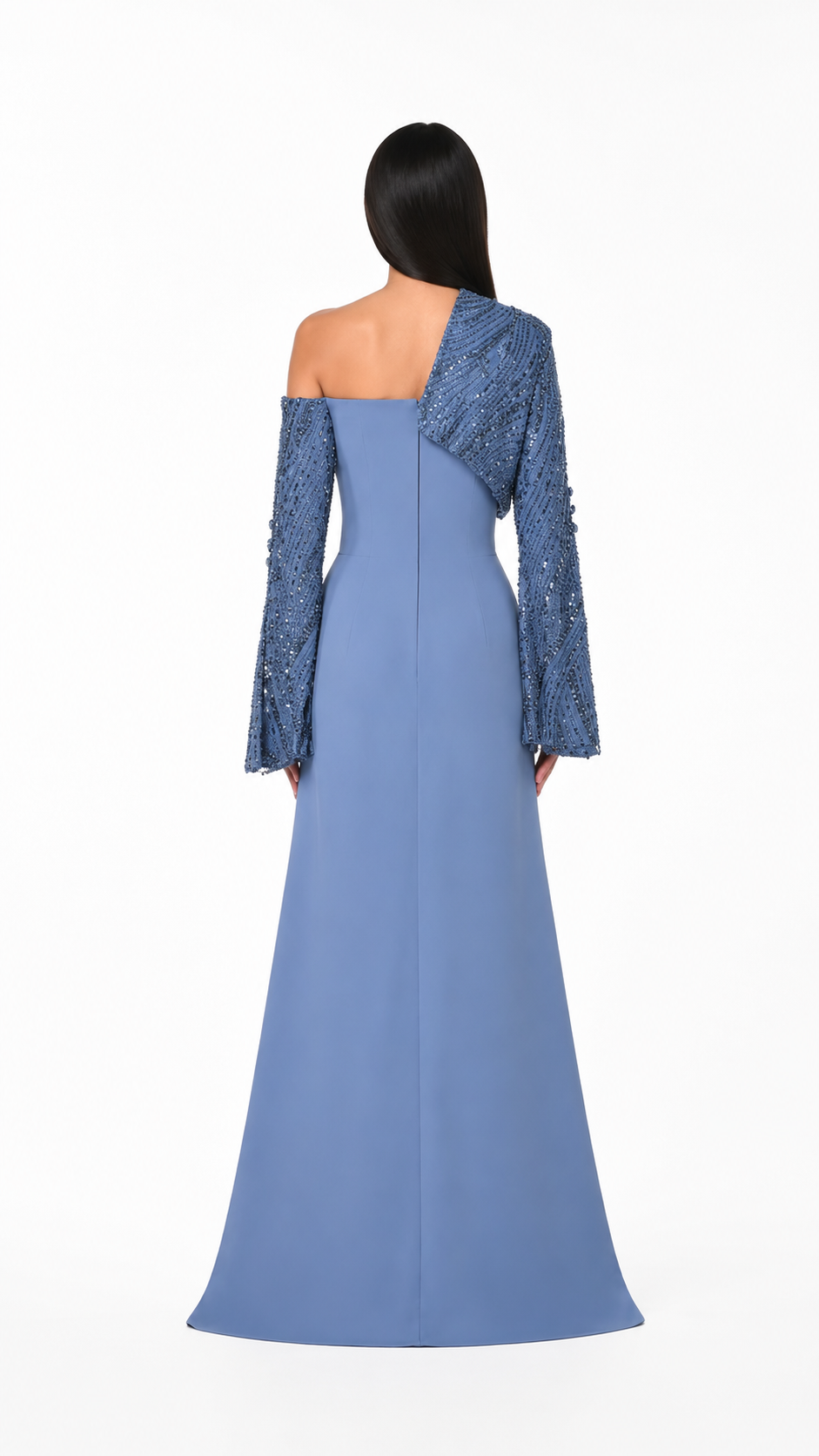 Dusty Blue Embellished Asymmetric Evening Gown – VIRELLE