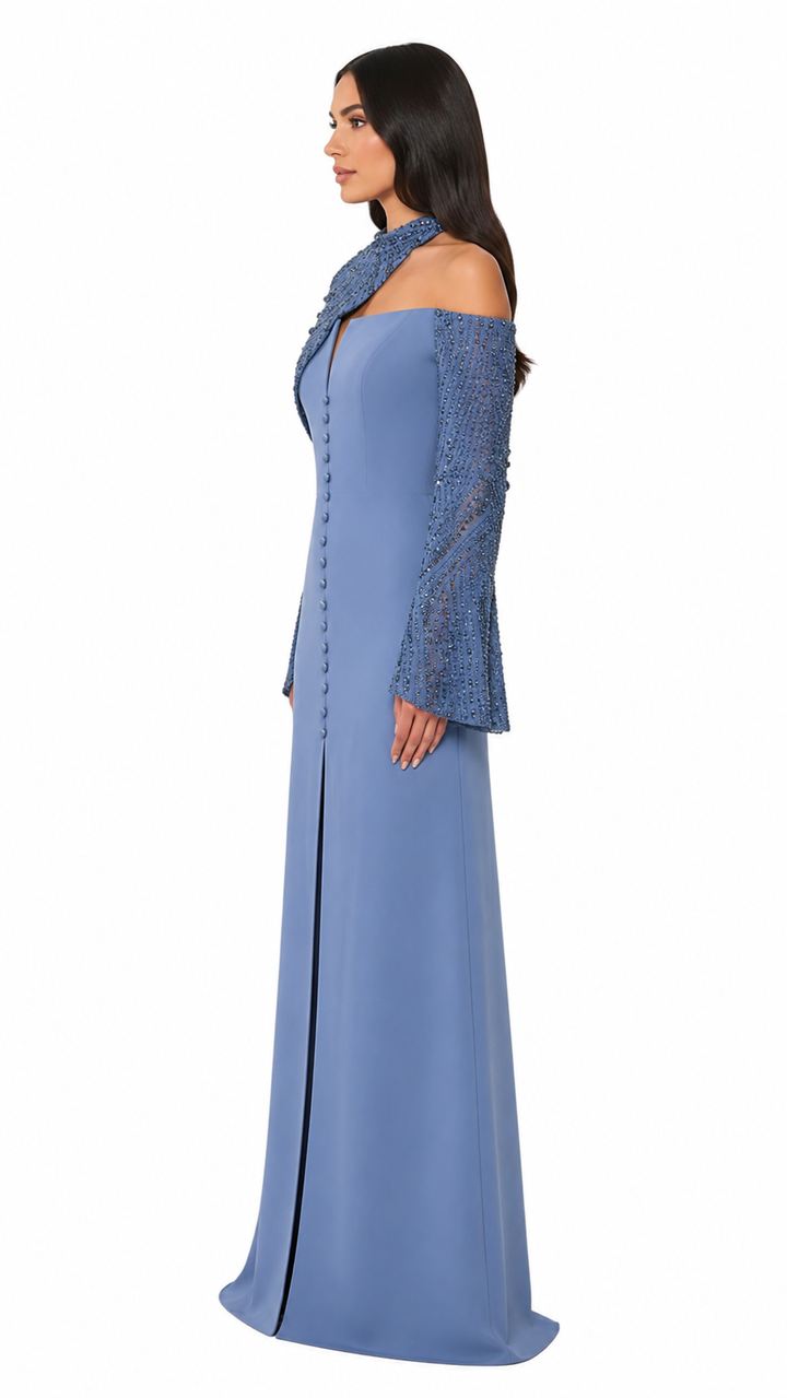 Dusty Blue Embellished Asymmetric Evening Gown – VIRELLE