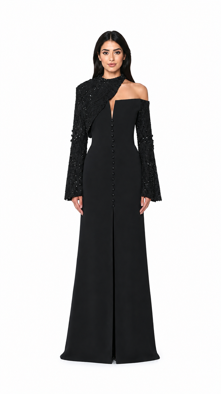 Dusty Blue Embellished Asymmetric Evening Gown – VIRELLE