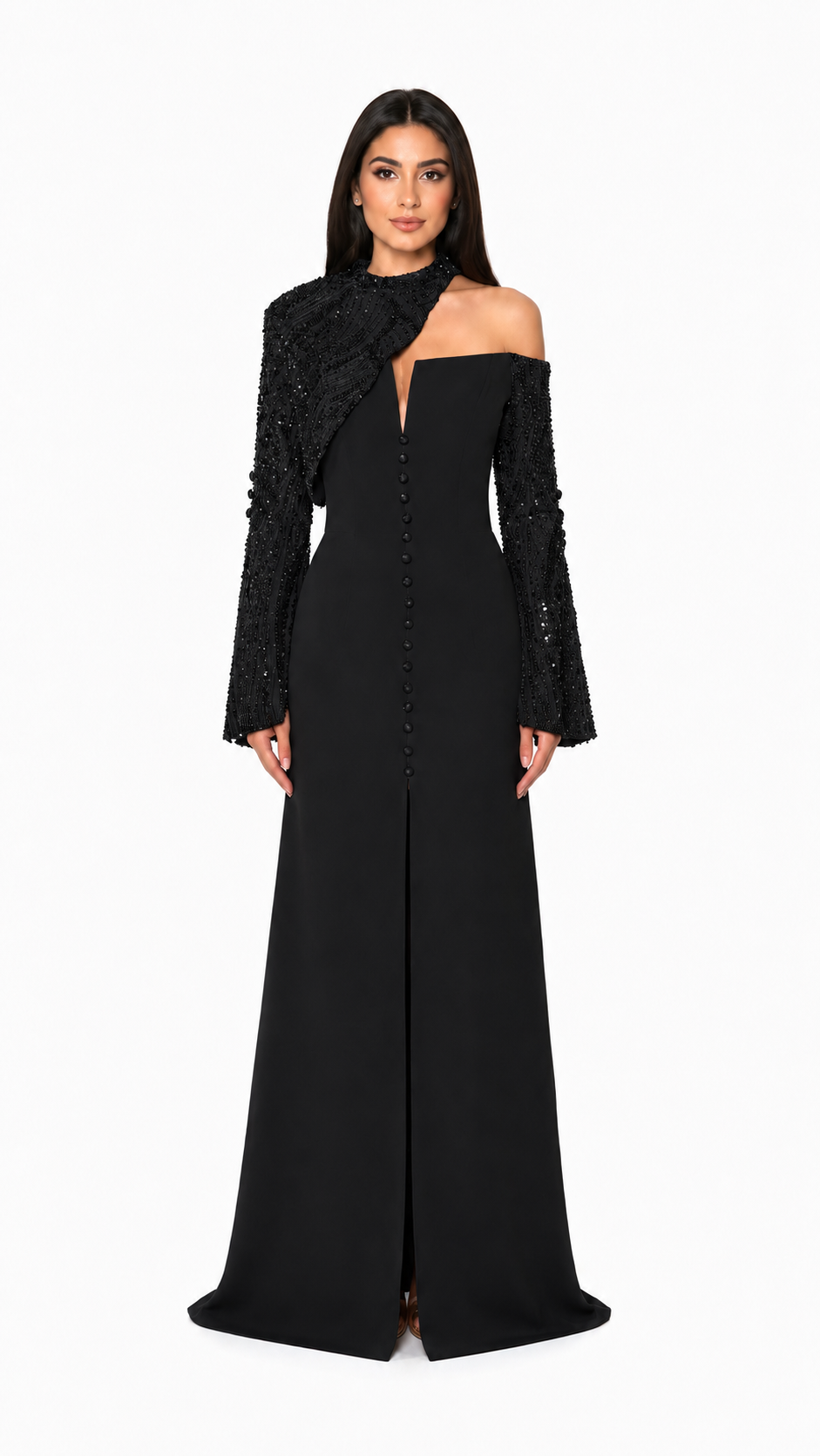 Dusty Blue Embellished Asymmetric Evening Gown – VIRELLE