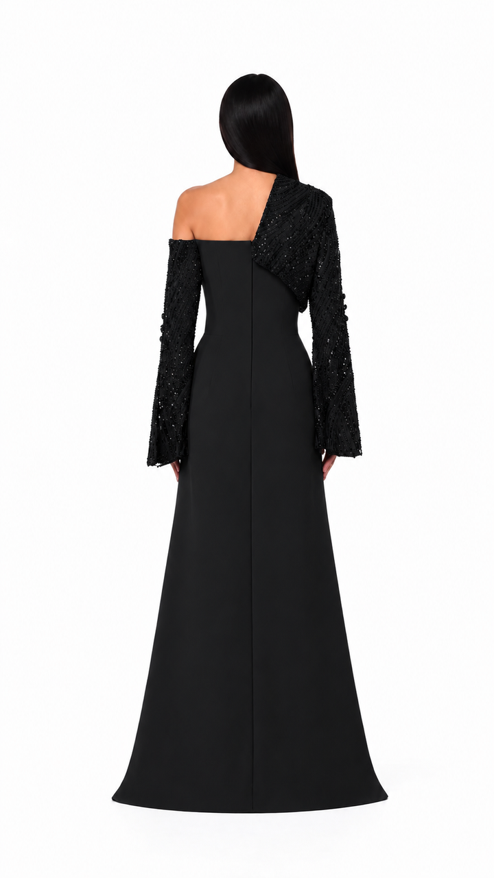Dusty Blue Embellished Asymmetric Evening Gown – VIRELLE