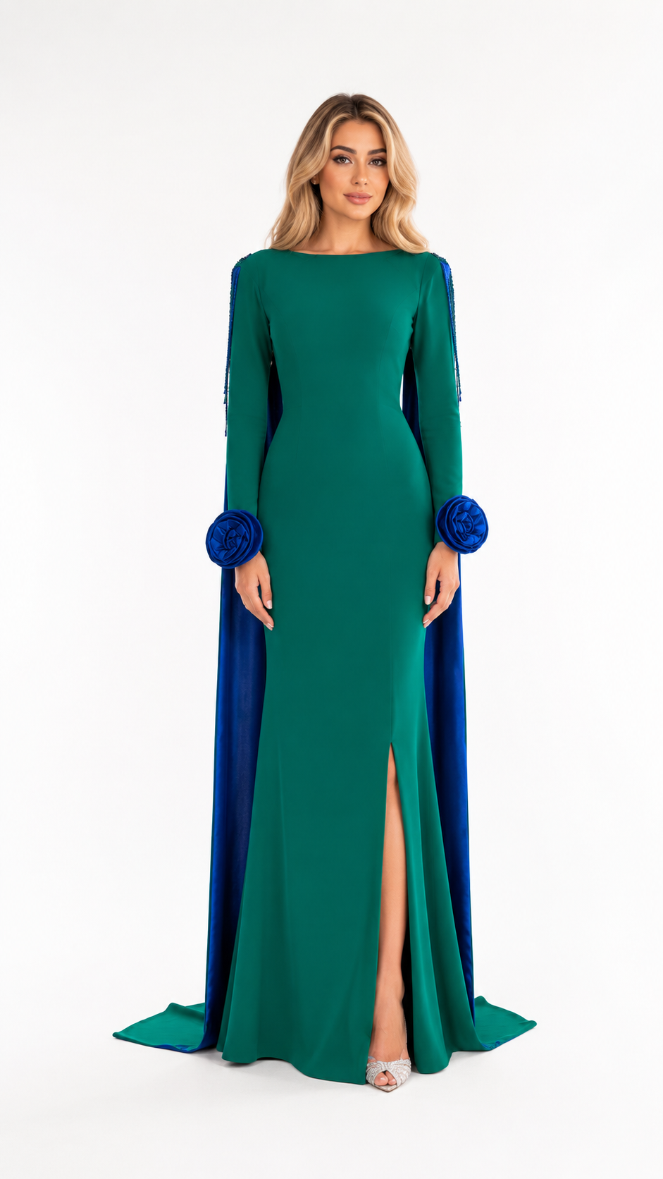 Emerald Green Rose Detail Slit Evening Gown – ELIORA