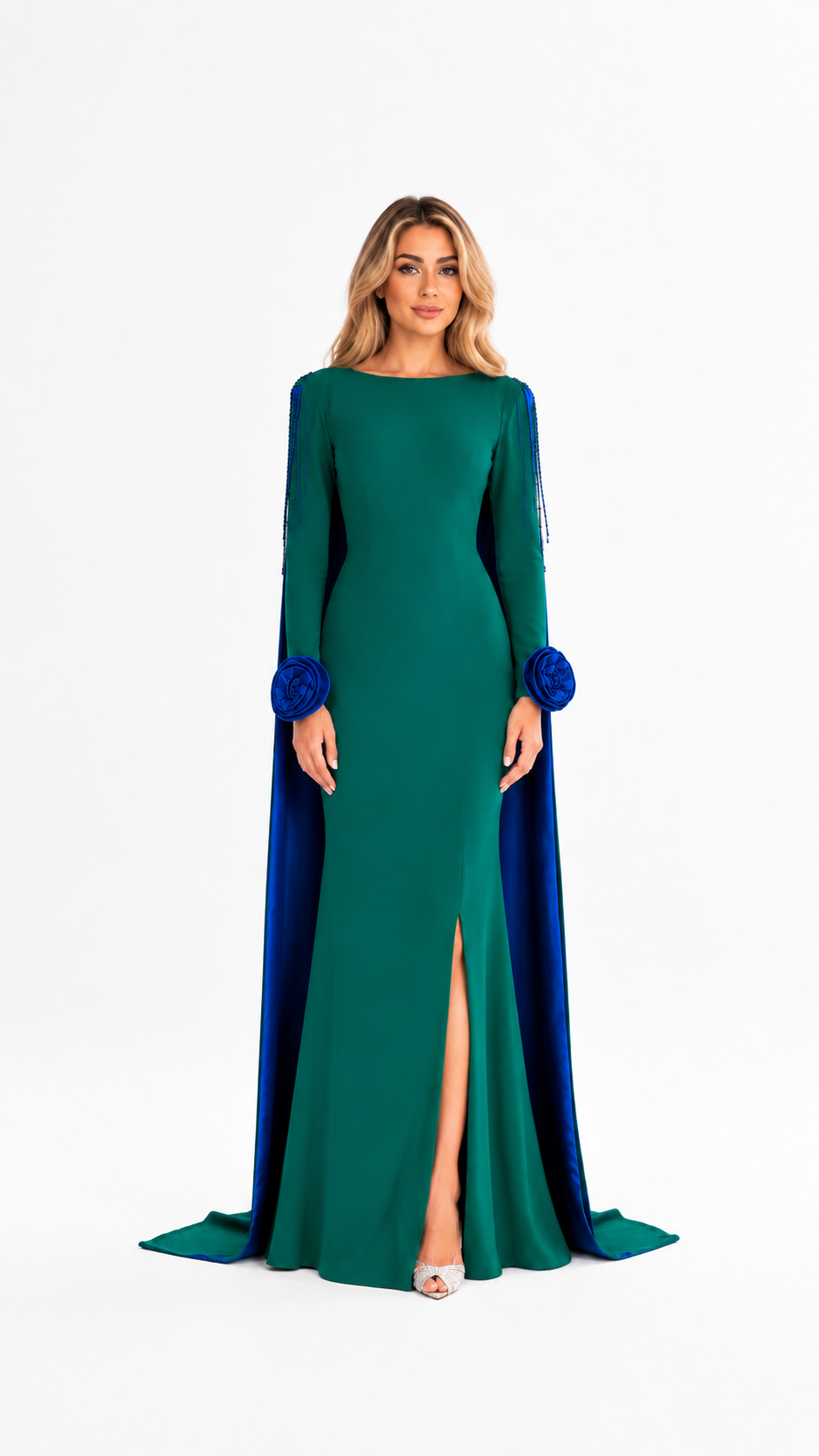 Emerald Green Rose Detail Slit Evening Gown – ELIORA