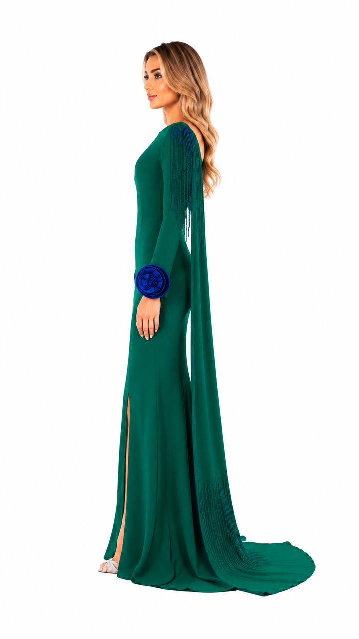 Emerald Green Rose Detail Slit Evening Gown – ELIORA