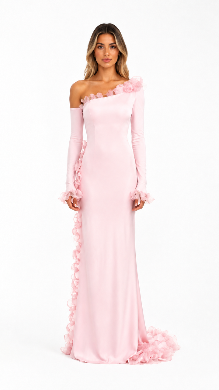 Blush Pink Ruffle Trim Evening Gown – ROSAVÉ