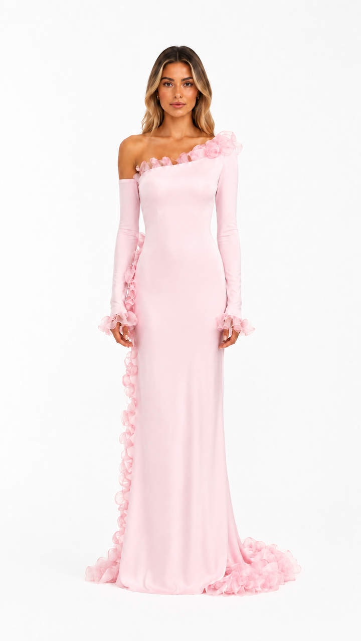 Blush Pink Ruffle Trim Evening Gown – ROSAVÉ