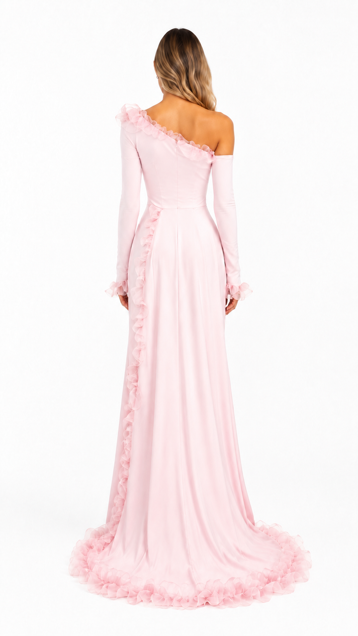 Blush Pink Ruffle Trim Evening Gown – ROSAVÉ