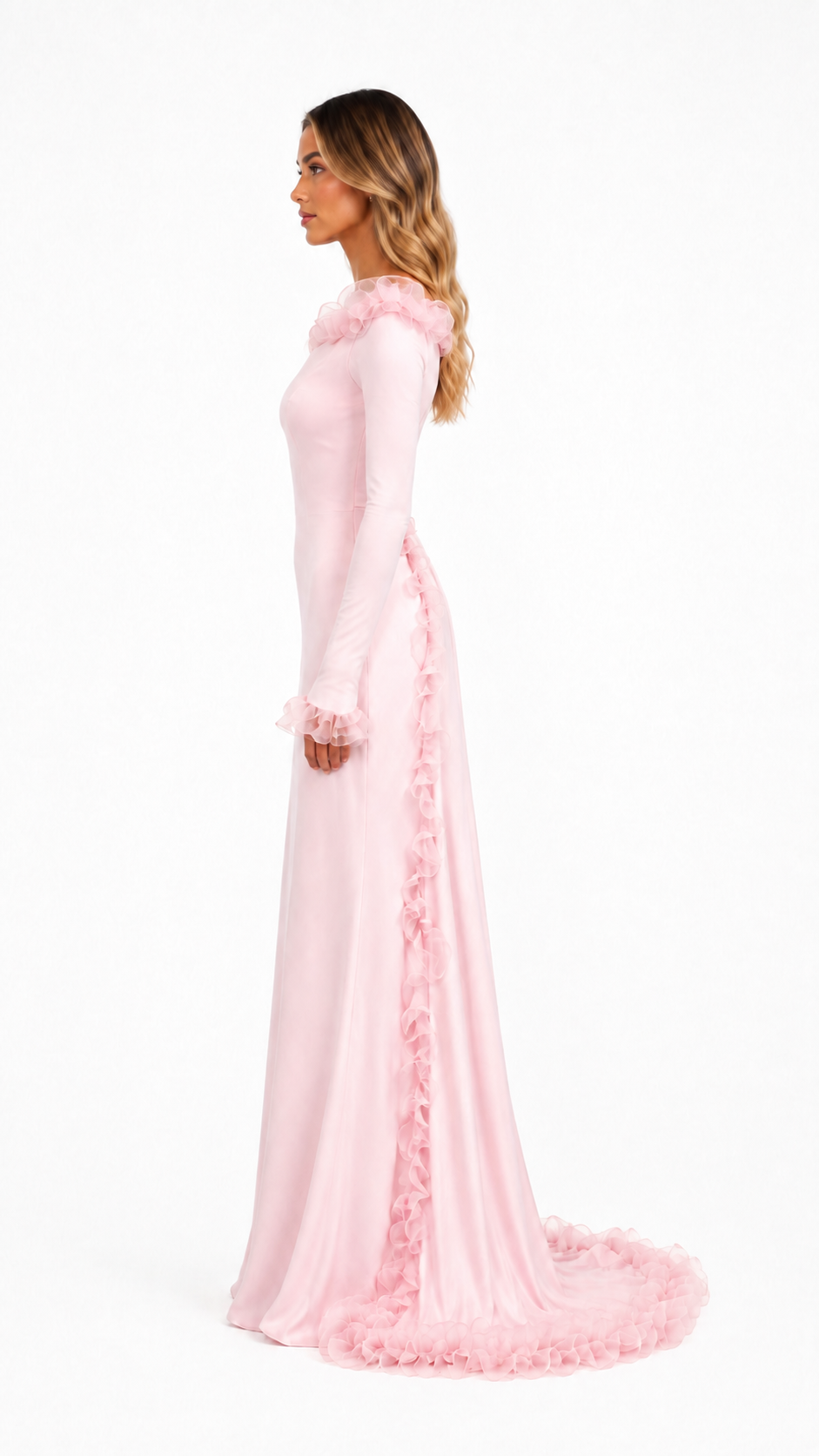 Blush Pink Ruffle Trim Evening Gown – ROSAVÉ