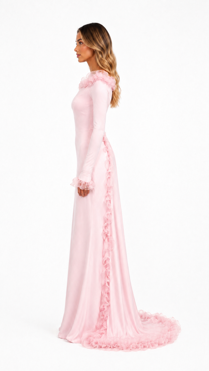 Blush Pink Ruffle Trim Evening Gown – ROSAVÉ