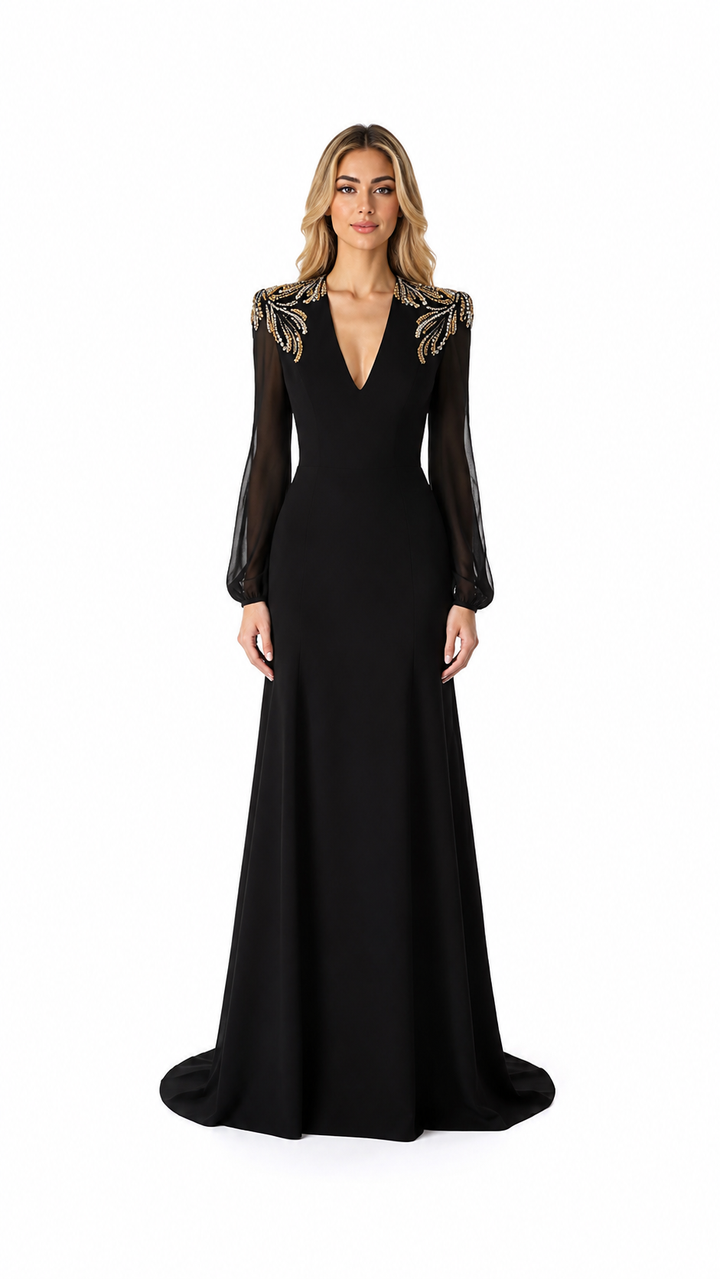Black Gold Embellished Shoulder Evening Gown – ORLÉNA