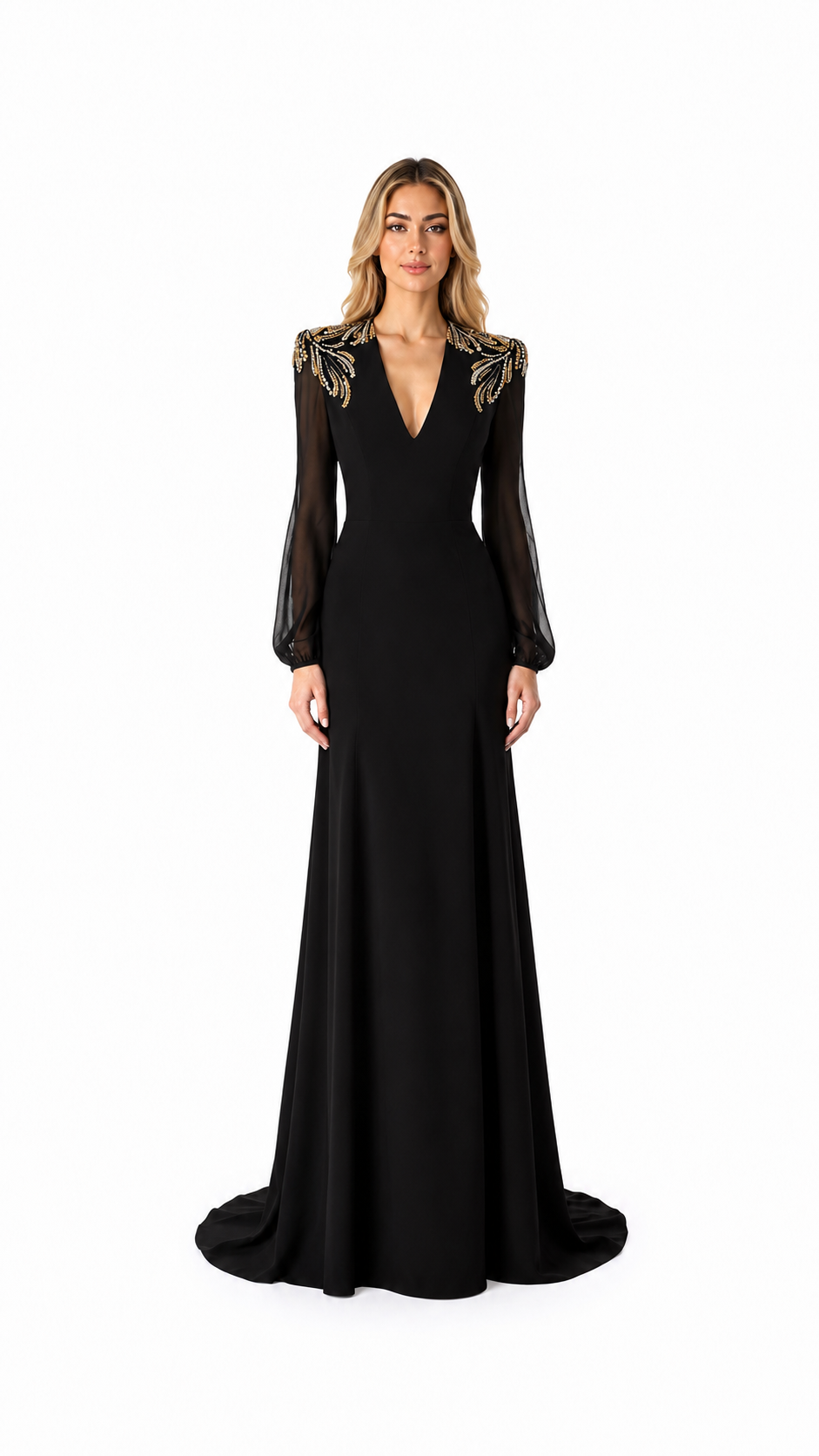 Black Gold Embellished Shoulder Evening Gown – ORLÉNA
