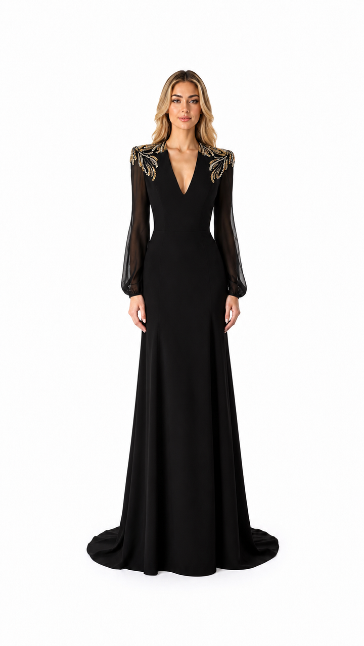 Black Gold Embellished Shoulder Evening Gown – ORLÉNA