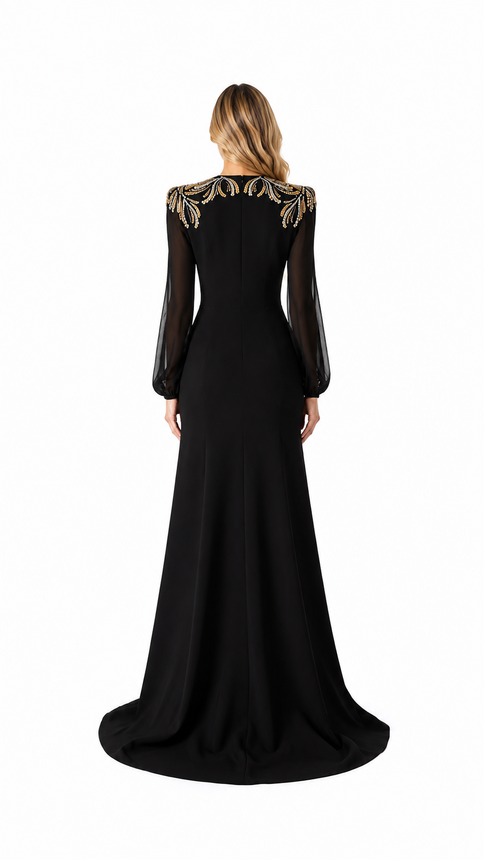Black Gold Embellished Shoulder Evening Gown – ORLÉNA