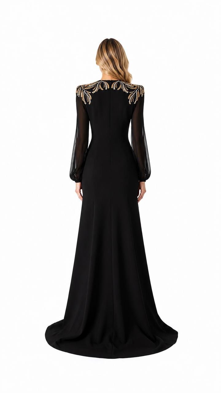 Black Gold Embellished Shoulder Evening Gown – ORLÉNA