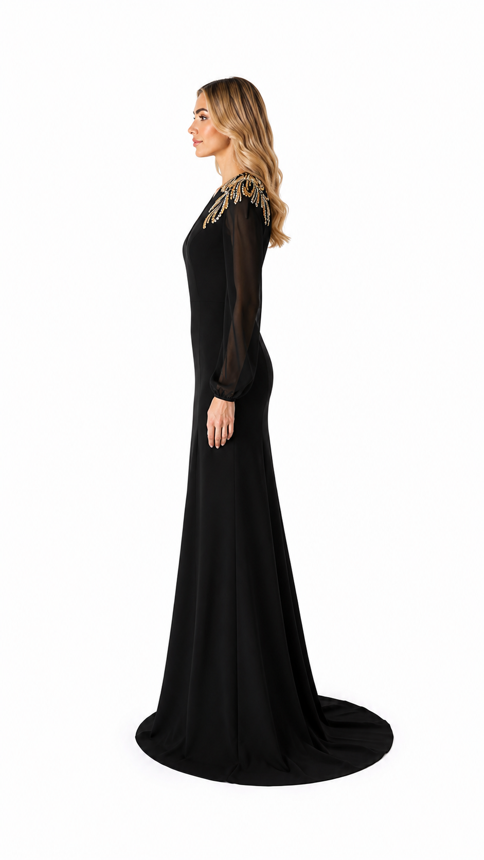 Black Gold Embellished Shoulder Evening Gown – ORLÉNA
