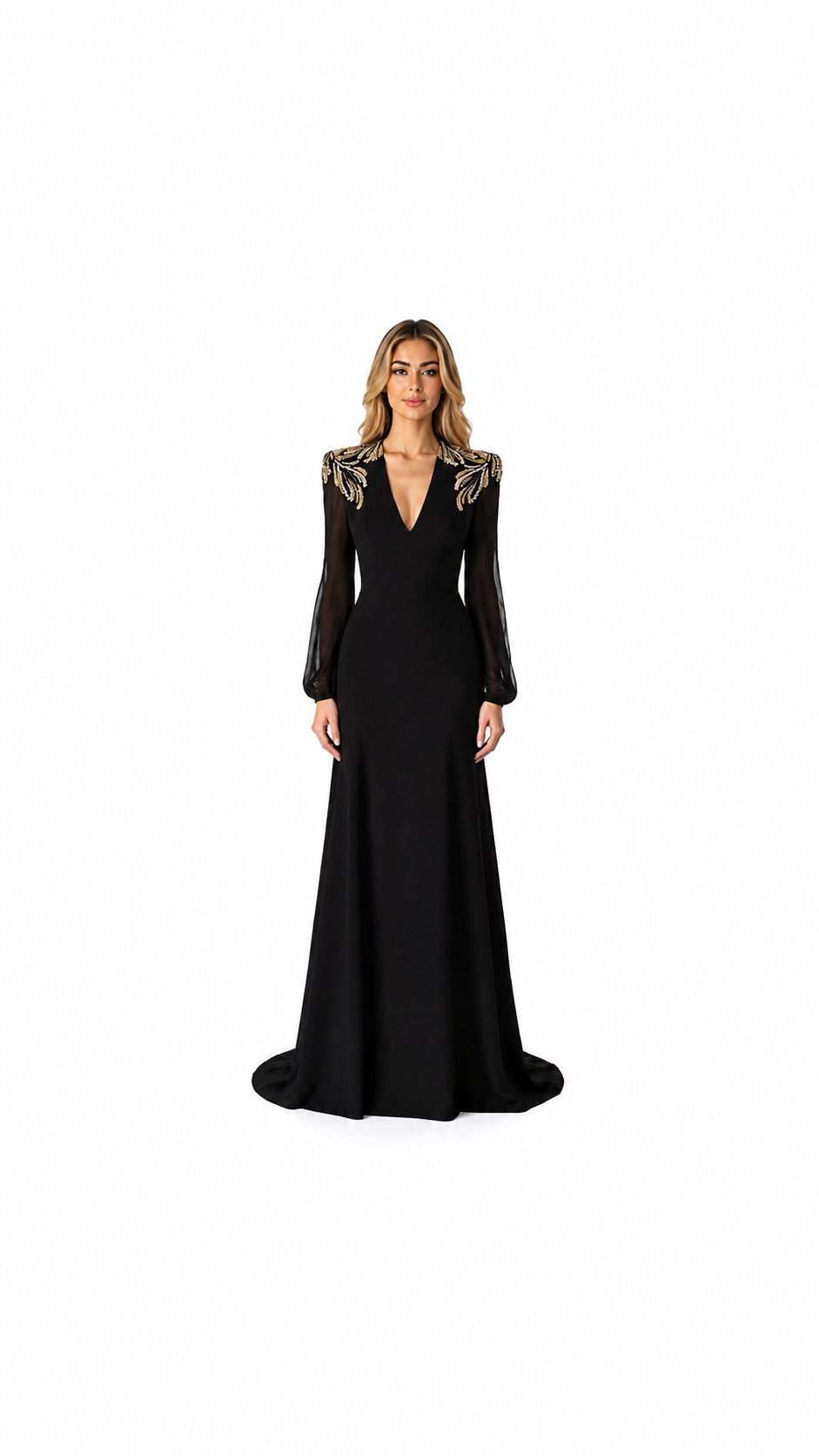 Black Gold Embellished Shoulder Evening Gown – ORLÉNA