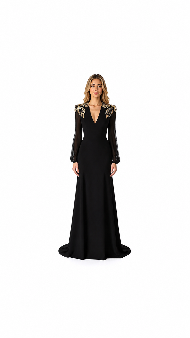 Black Gold Embellished Shoulder Evening Gown – ORLÉNA