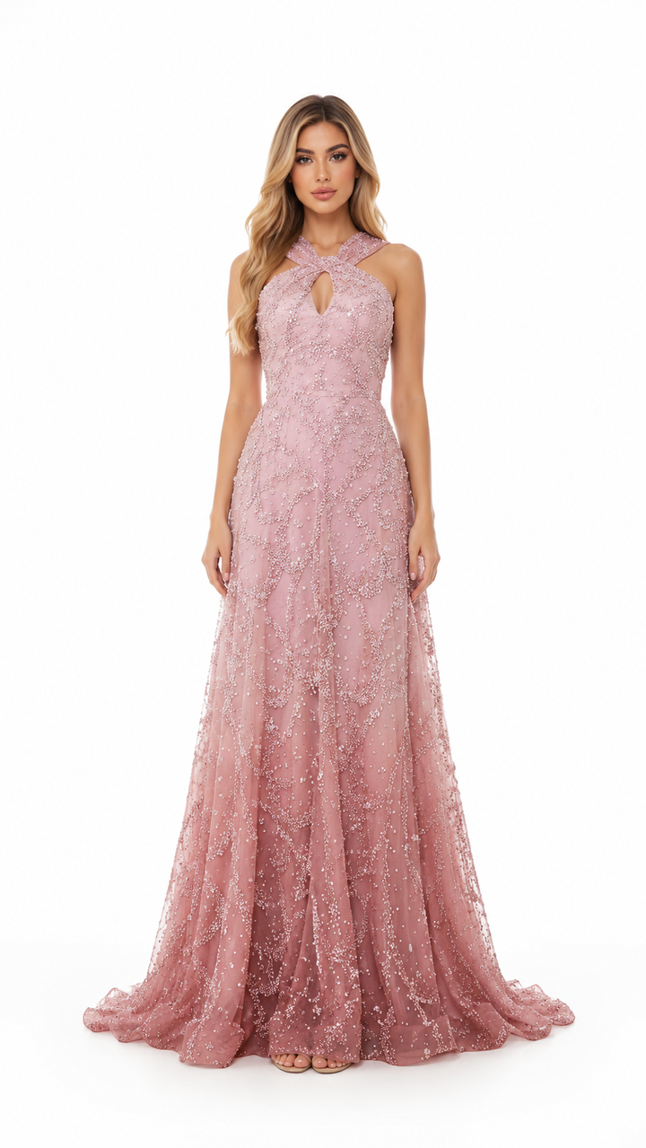 Blush Pink Sequin Halter Evening Gown – LOREVIA