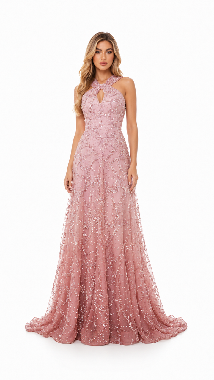 Blush Pink Sequin Halter Evening Gown – LOREVIA