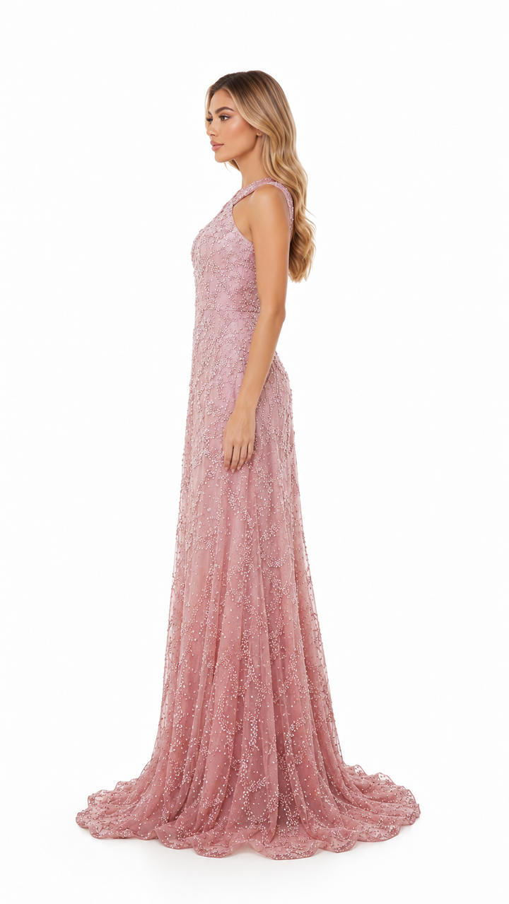 Blush Pink Sequin Halter Evening Gown – LOREVIA