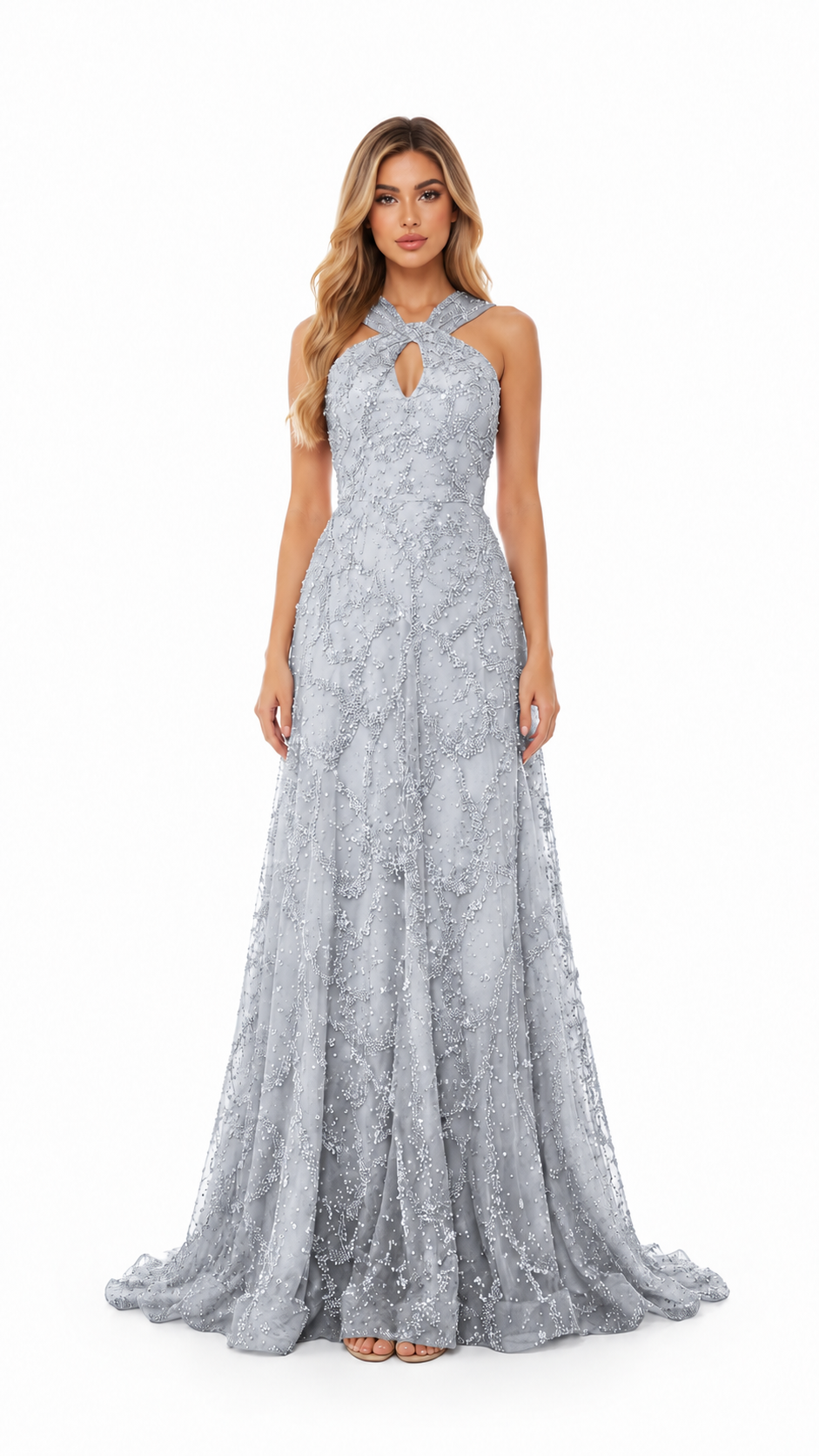 Blush Pink Sequin Halter Evening Gown – LOREVIA