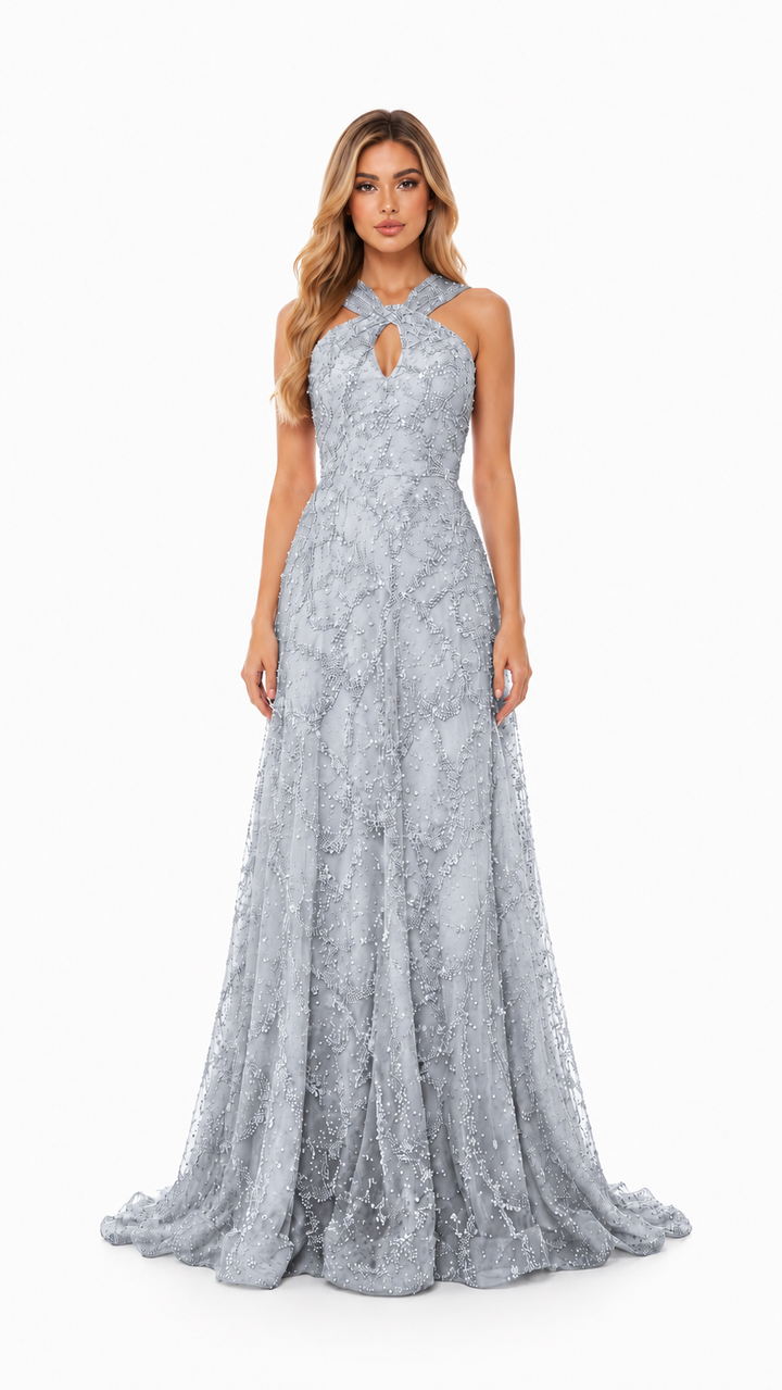 Blush Pink Sequin Halter Evening Gown – LOREVIA