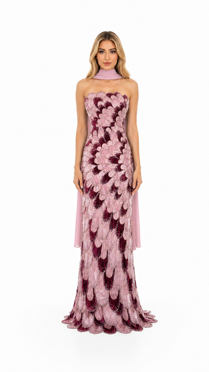 Blush Pink Sequin Feather Pattern Evening Gown – ZARELLE