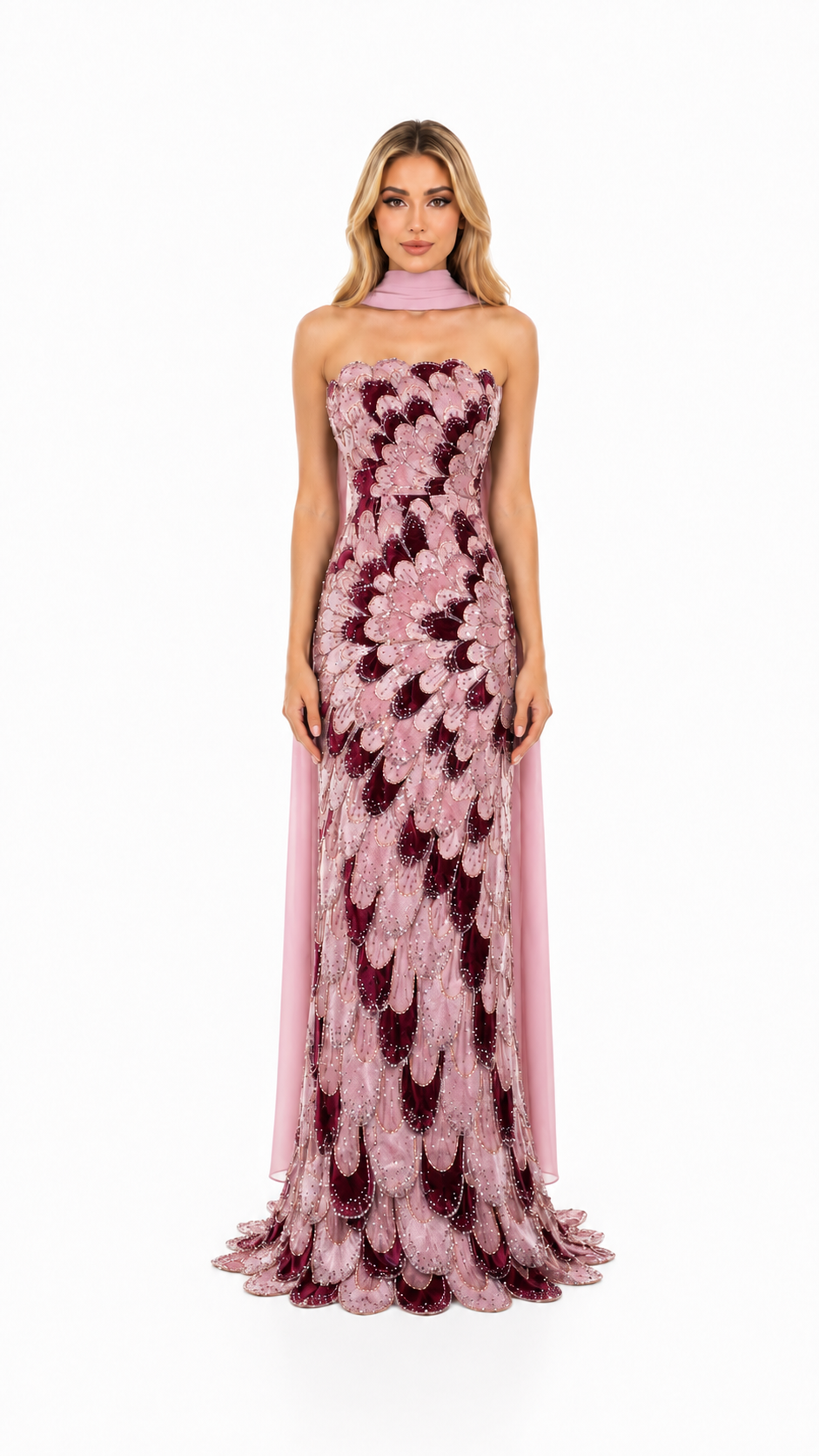 Blush Pink Sequin Feather Pattern Evening Gown – ZARELLE