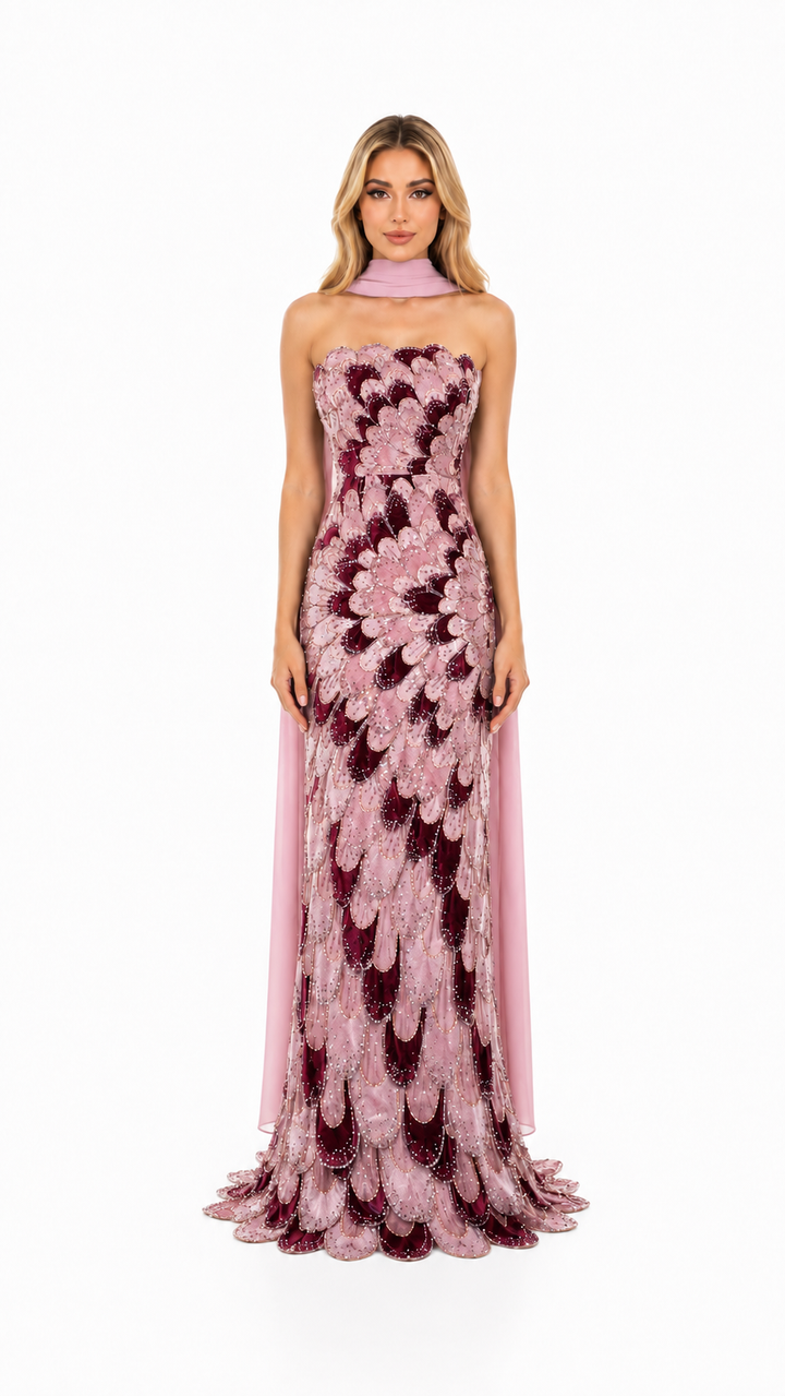 Blush Pink Sequin Feather Pattern Evening Gown – ZARELLE