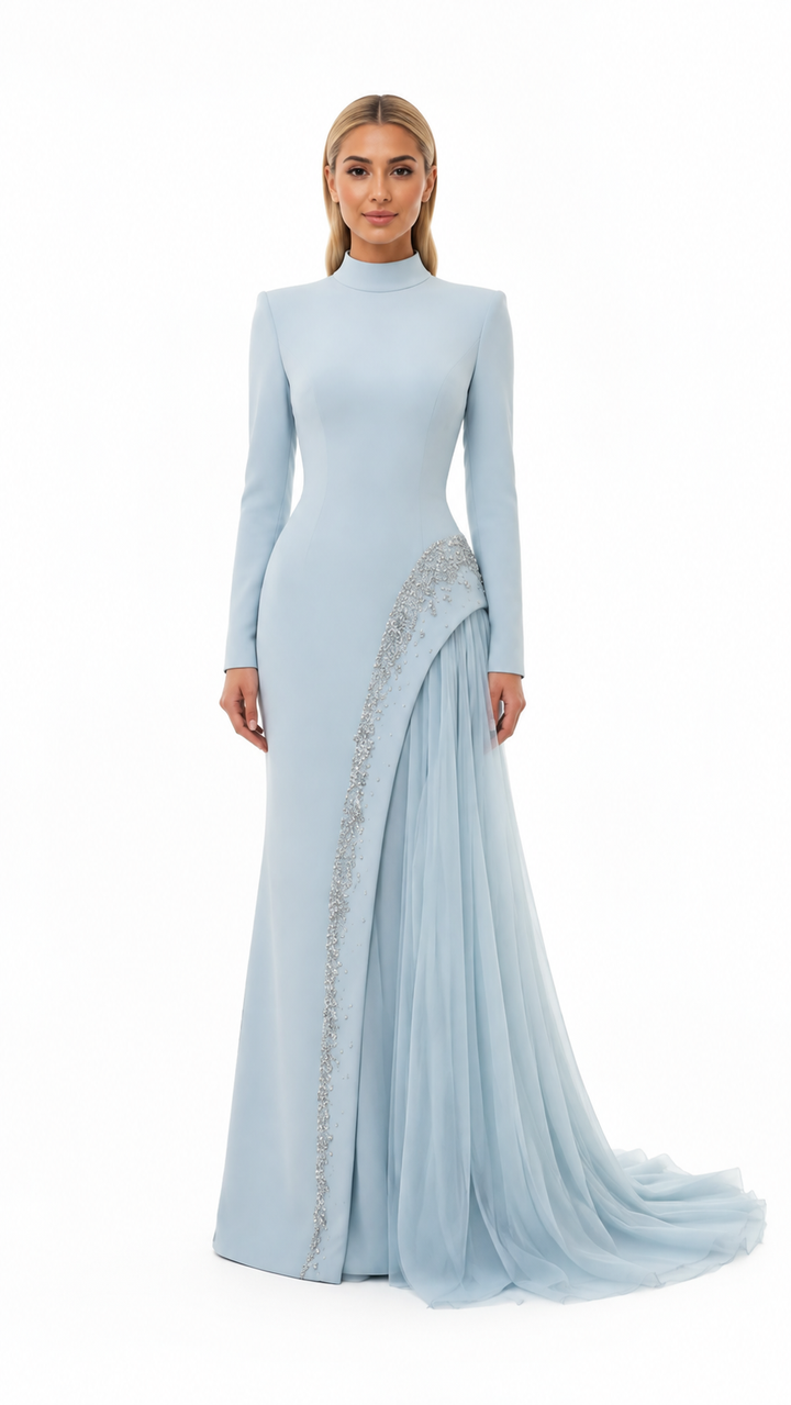 Ice Blue Crystal Draped Evening Gown – CELVINA