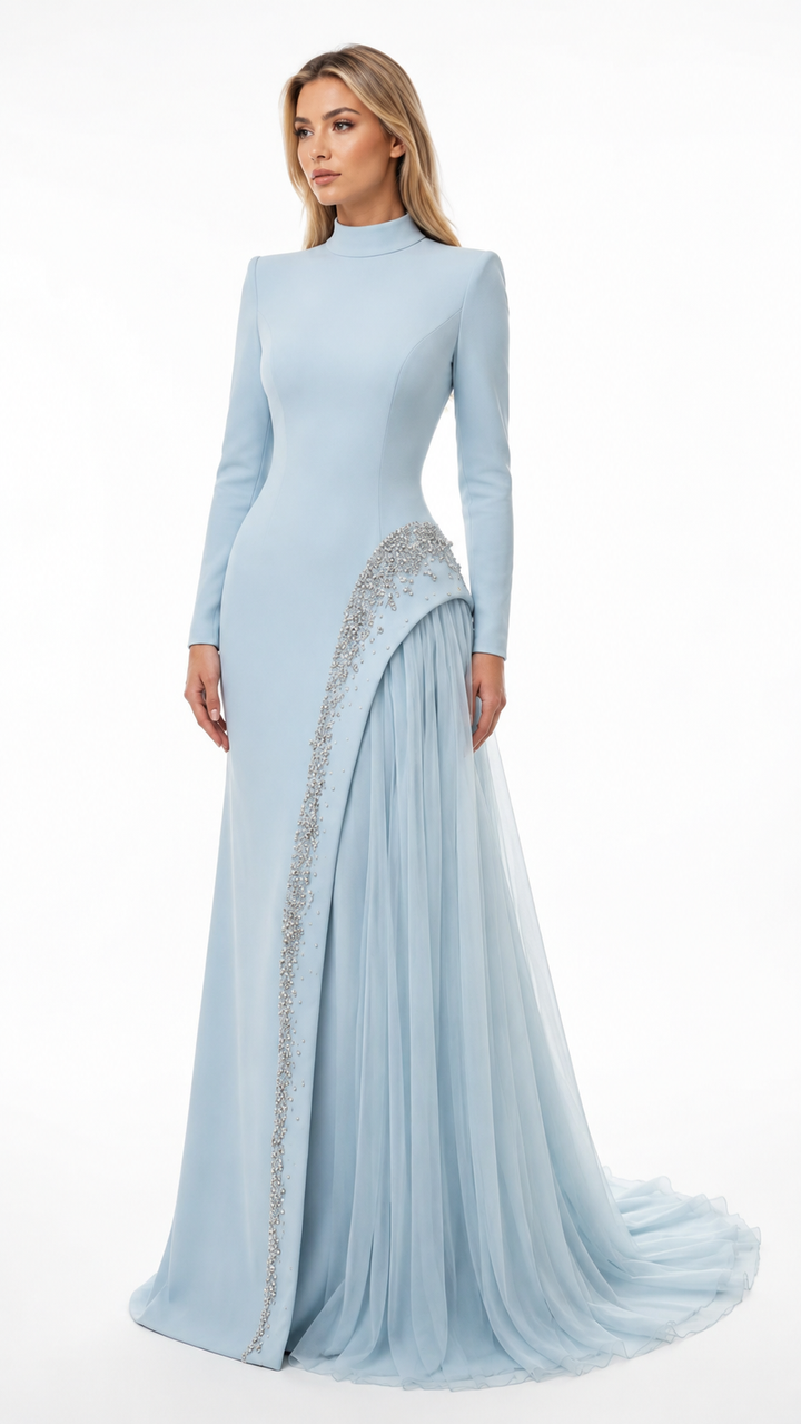 Ice Blue Crystal Draped Evening Gown – CELVINA
