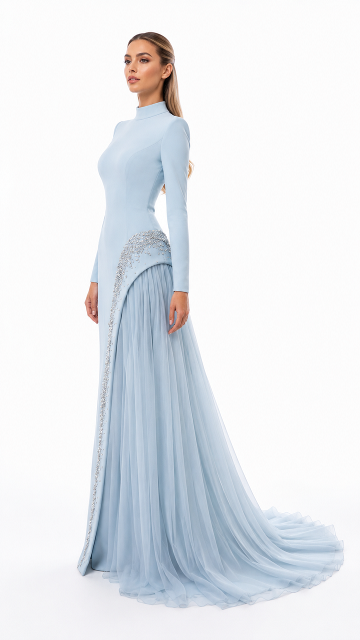 Ice Blue Crystal Draped Evening Gown – CELVINA