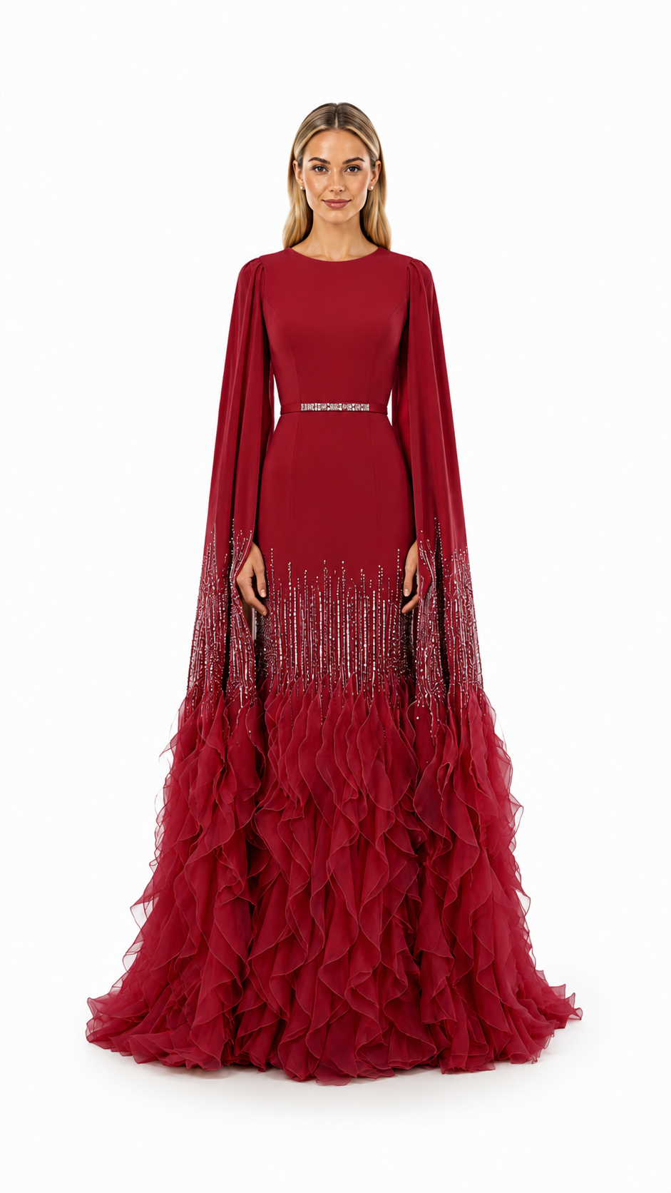 Champagne Cape Sleeve Ruffle Evening Gown – AURELIA