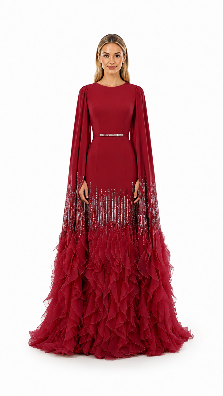 Champagne Cape Sleeve Ruffle Evening Gown – AURELIA