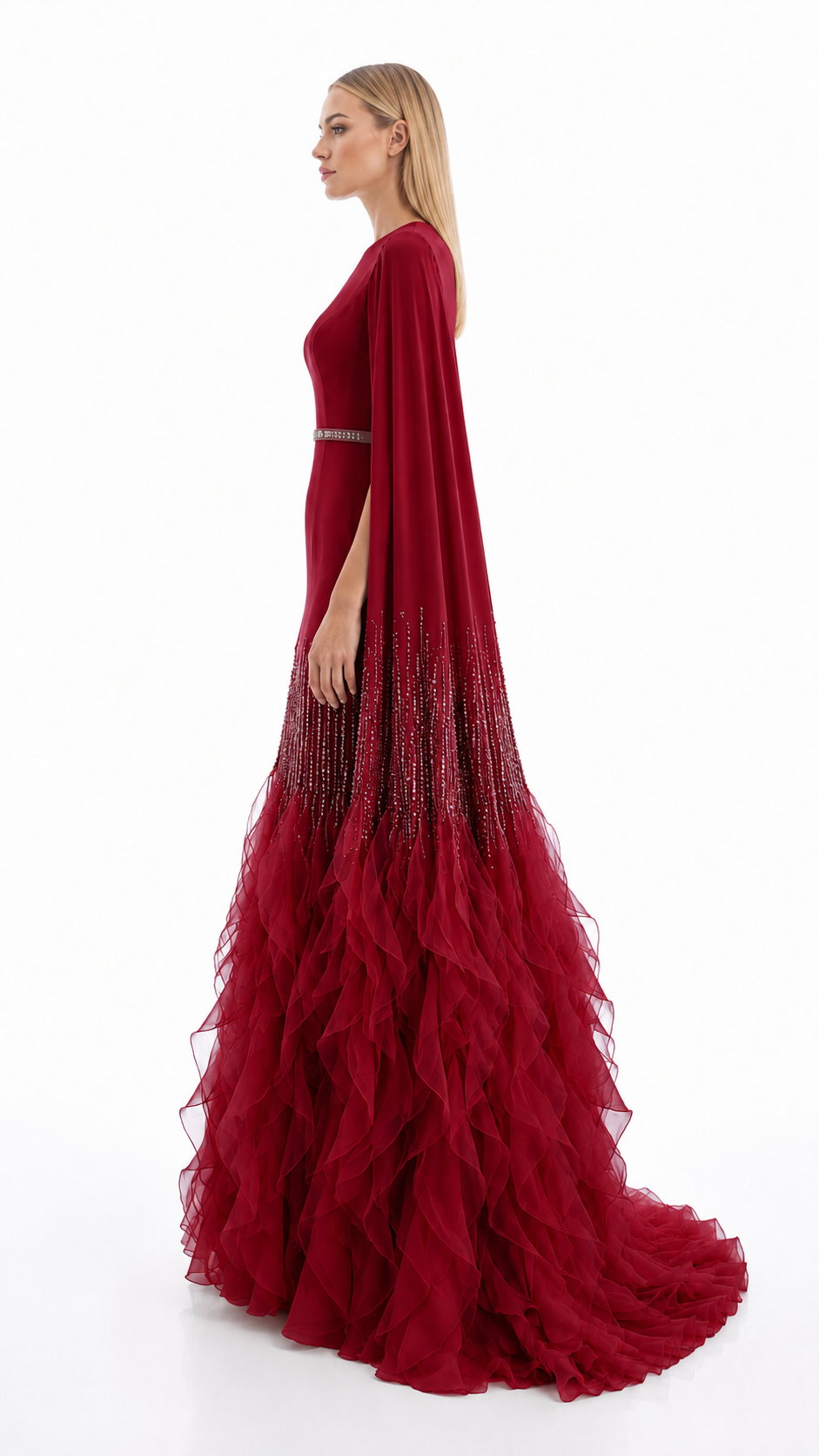 Champagne Cape Sleeve Ruffle Evening Gown – AURELIA