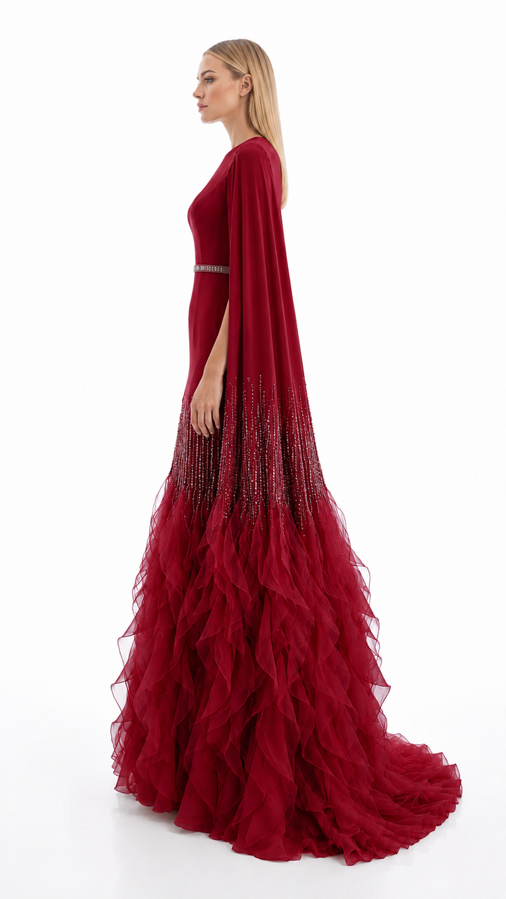 Champagne Cape Sleeve Ruffle Evening Gown – AURELIA