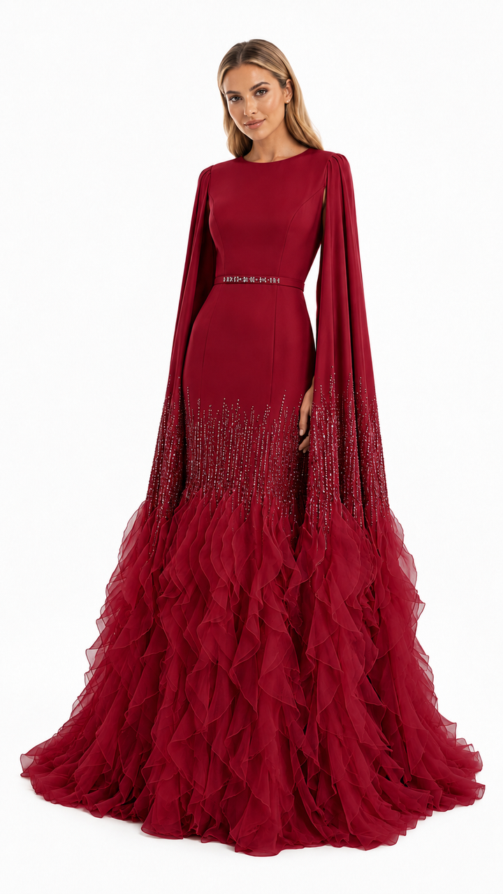 Champagne Cape Sleeve Ruffle Evening Gown – AURELIA